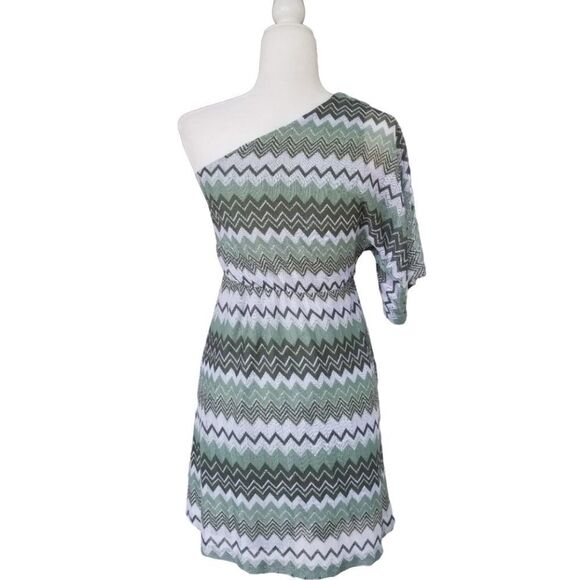 One Shoulder Green Zig Zag Striped Y2K 90s Mini Dress Size XS - Picture 7 of 10